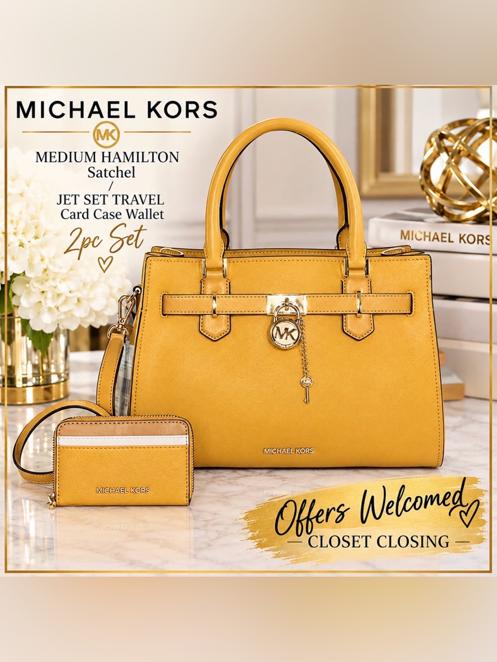 Michael Kors Medium HAMILTON Satchel/JET SET TRAVEL Card Case Wallet 2pc Set